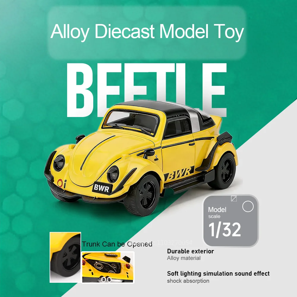 

1:32 Beetle Mustang Shelby Toys Car Alloy Diecast Model Front Wheel Steering Doors Opened Sound Light Pull Back Vehices Boy Gift
