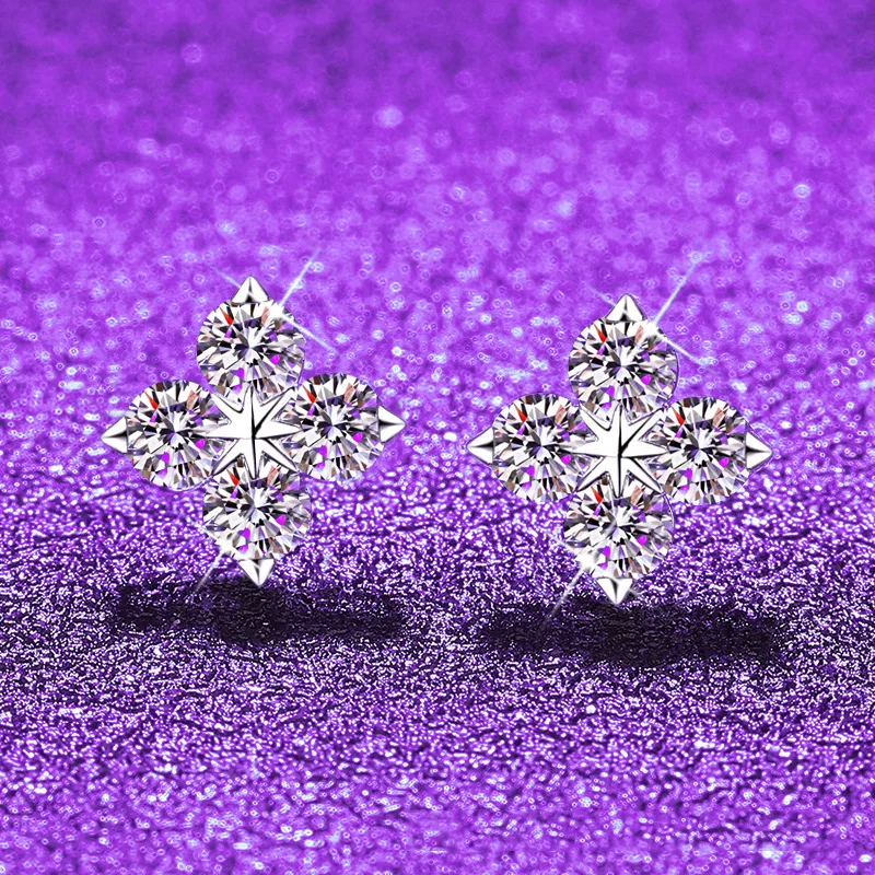 S925 Silver White Gold Plated 0.4CT D Color Moissanite Eight-Pointed Star Stud Earrings for Women, Exquisite Jewelry.