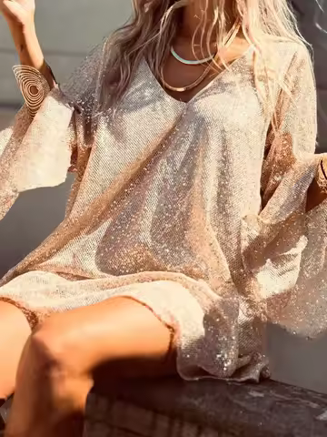Spring Summer 2026 Women New Evening Dress Hot Girl Fashion Sequins V-neck Short Dress Elegant Lantern Long Sleeve Loose Dress