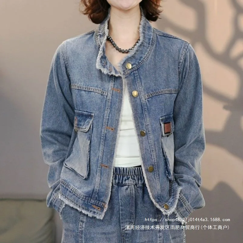 Women's Denim Jackets Vintage Casual Stand Collar Coat With Flap Pockets Autumn New Raw Fringe Edges Washed Outerwear