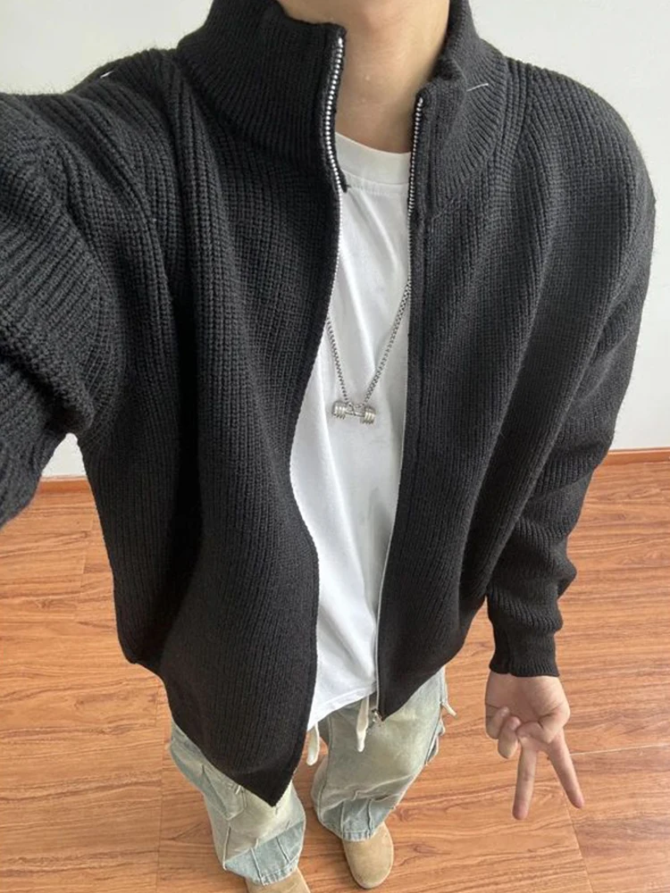 

American Retro Knitted Sweater with Double Zipper Stand Collar for Men And Women Cleanfit Lazy Sle Couple Outerwear