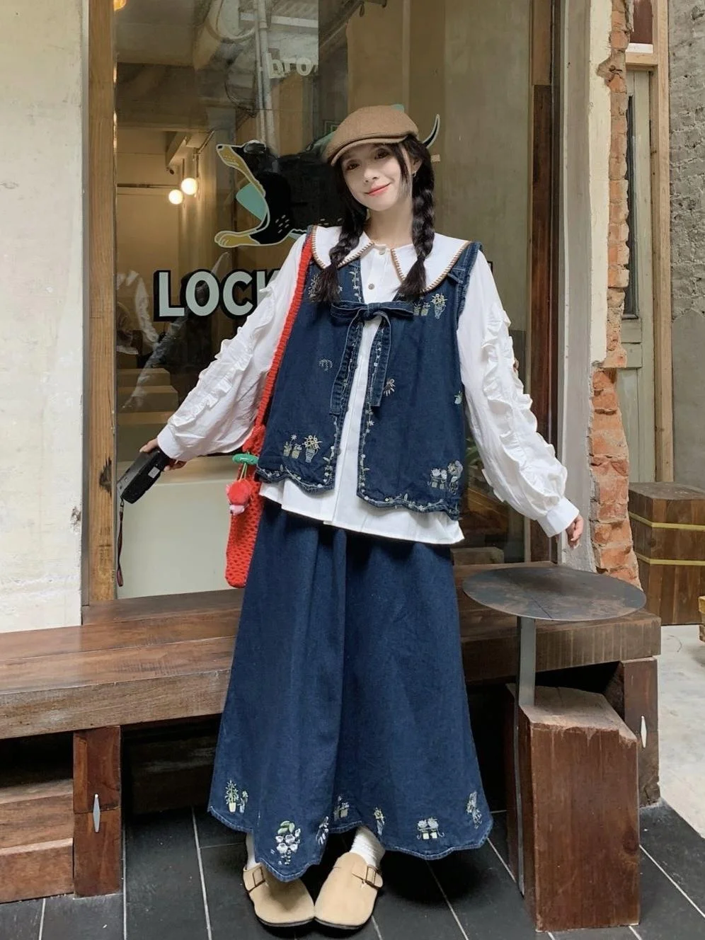 Artistic Style Mixed Media Embroidered Denim Vest Shirt Half Skirt Autumn Set Women's Fashion Ensemble Warm Long Sleeve Butto...