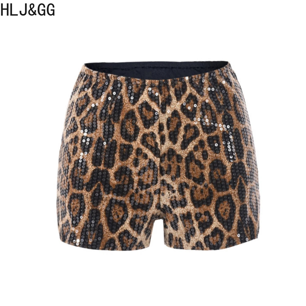 HLJ&GG Y2K Fashion Sequin Leopard Shorts Two Piece Sets Women Round Neck Short Sleeve Graphic T Shirts And Shorts Outfits 2025