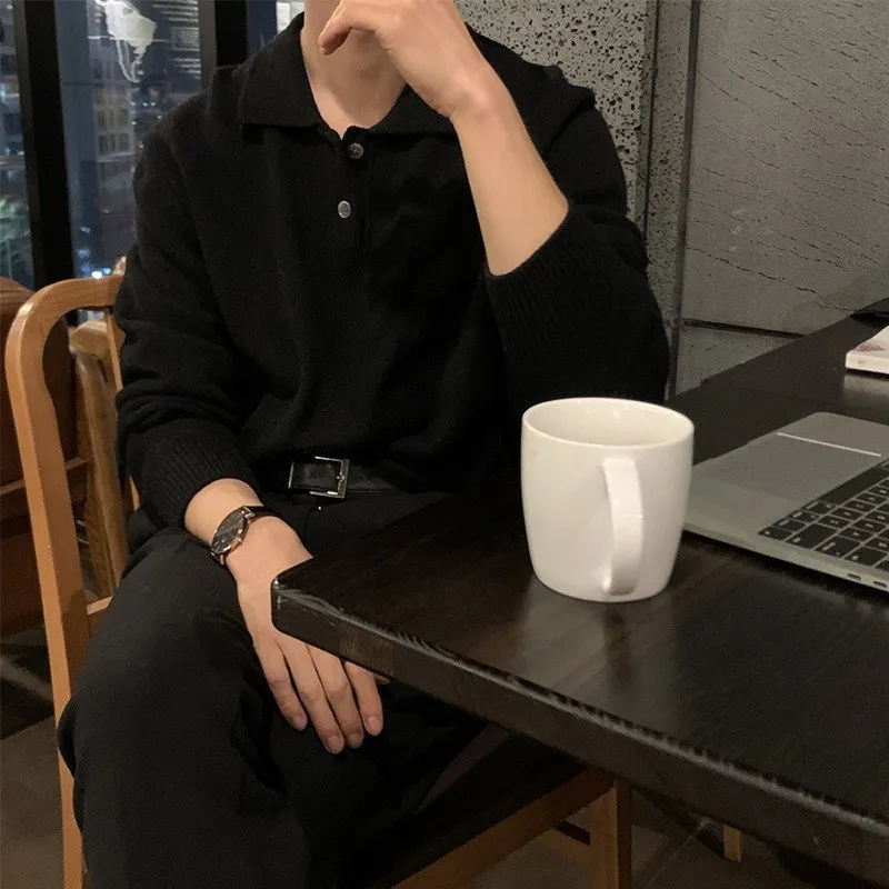 Stylish New Design Men's Korean Style Loose Polo Collar Knitted Sweater Soft Touch Trendy Daily Wear Pullover