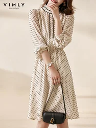 VIMLY Autumn Dot Party Dress for Women Lantern Long Sleeve A-line Slim Waist Stand Collar Midi Dress Office Lady Vestidos V0808