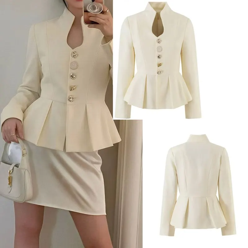Women's V-neck Blazer Jacket Single Breasted Long Sleeve Casual Daily Metal Buttons Slim Waist Cinching Versatile Fashion Wear