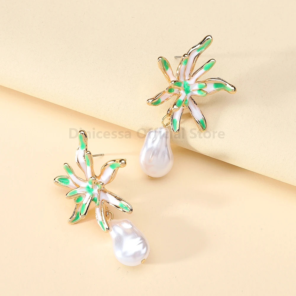 Luxury Simplicity Enamel Metal Flower Imitation Pearl Dangle Earrings For Women Fashion Charming Pendant Jewelry Accessories image 2