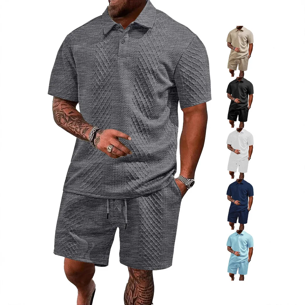 

Cross-border men's jacquard cloth men's casual sports thin lapel POLO shirt short-sleeved set