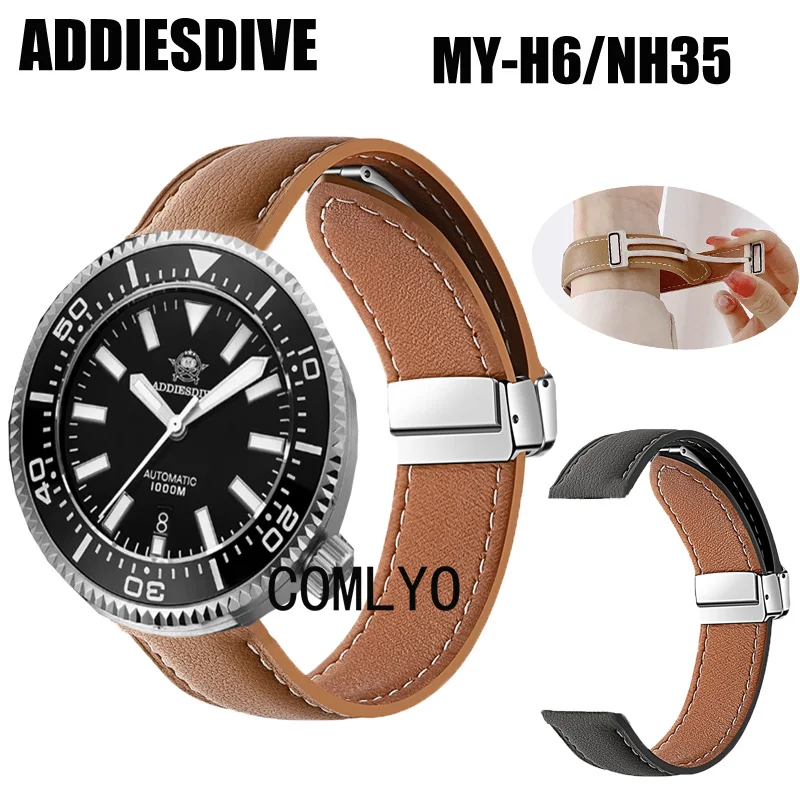 For ADDIESDIVE NH35 MY-H6 Watch Men's Strap Leather Genuine Folding Magnetic Buckle Soft Smart Watch men Band