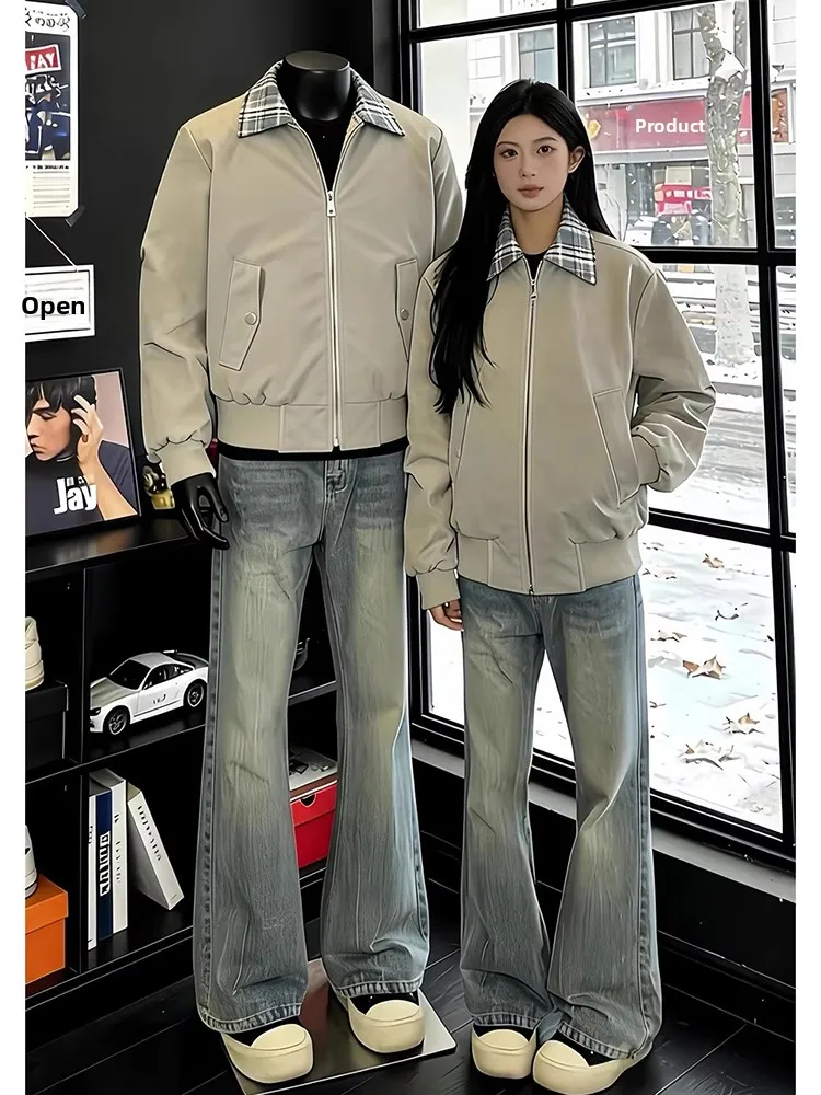 

Мужские джинсы-клеш в стиле ретро с синим узором в виде молний, американские уличные джинсы прямого кроя, стройнящие фигуру