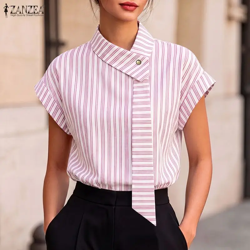 Stylish Summer Blouse ZANZEA Office Women Crew Neck Short Sleeve Striped Shirt Female Elegant Casual OL Work Tops Mujer Tunic