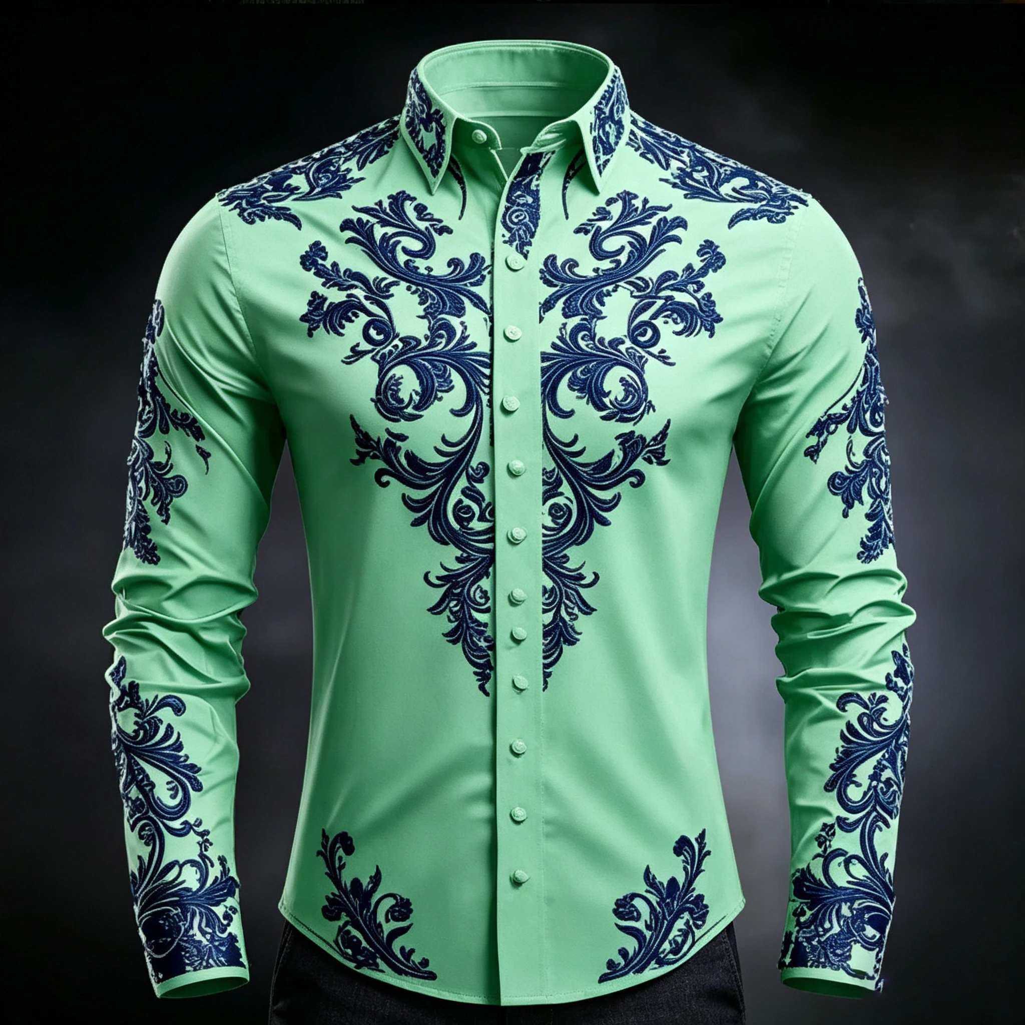 Men's Luxury Baroque Print White Satin Dress Shirt Long Sleeve Slim Fit Formal Business Party Button Down Shirt view 6