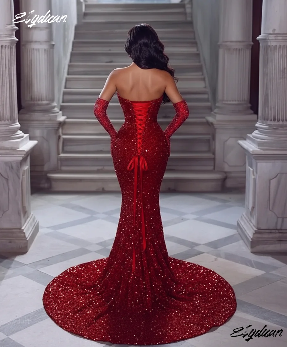 Glitter Red Sequined Mermaid Prom Dress Front Slit Long Strapless Sweetheart Sleeveless Evening Gowns Reception Dress Customized