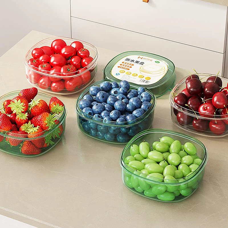 Caja de almacenamiento de frutas y verduras de doble capa con drenaje, organizador de alimentos transparente, nevera