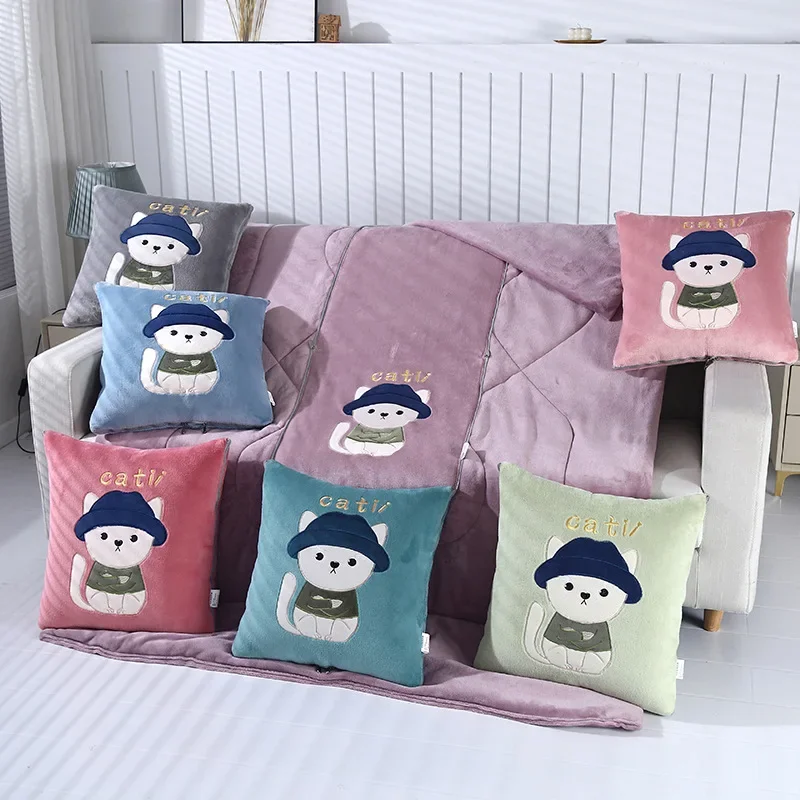 2024 thickened sticker embroidered cartoon double-sided velvet throw pillow quilt dual-purpose lunch break pillow winter quilt