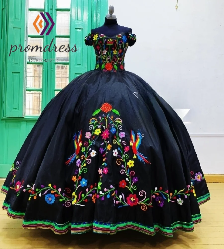 Vestidos De quinceañera mexicanos negros con bordado De satén colorido Debutante dulce 16 vestido Maríachi Charro Vestidos De 15 Años