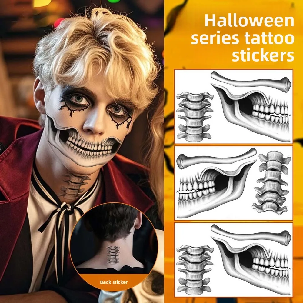 

2pcs Disposable Mouth Clown Tattoo Portable Waterproof Halloween Face Tattoo Terrifying Transparent Skull Temporary Sticker