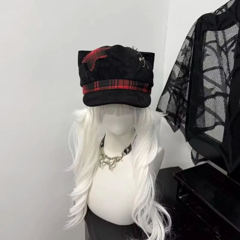 Black Cat Ear Newsboy Cap for Women Black‑Red Plaid Patch Safety Pin  Stripe Ribbon Brim Y2K Punk Alt Harajuku Streetwear  Hat
