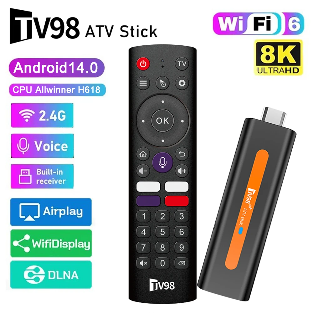 

TV98 Mini TV Stick Android 14 TV Stick HDR Set Top Box 8K Video WiFi 2.4/5G Streaming Smart TV Box for Network Media Player