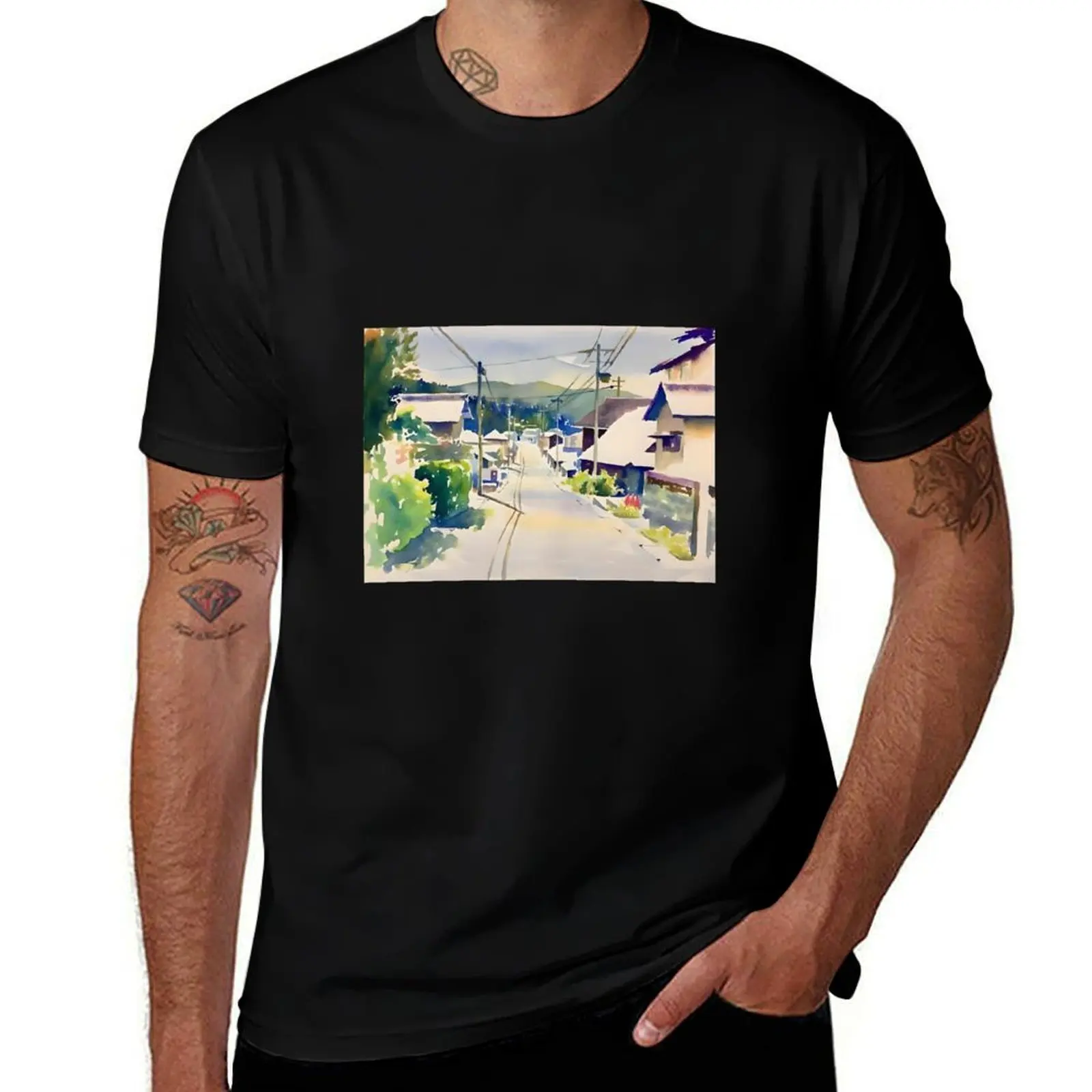 

Village Main Street Watercolor T-Shirt Anime t-shirt cotton graphic tees anime stuff essential t shirt designer t shirt men