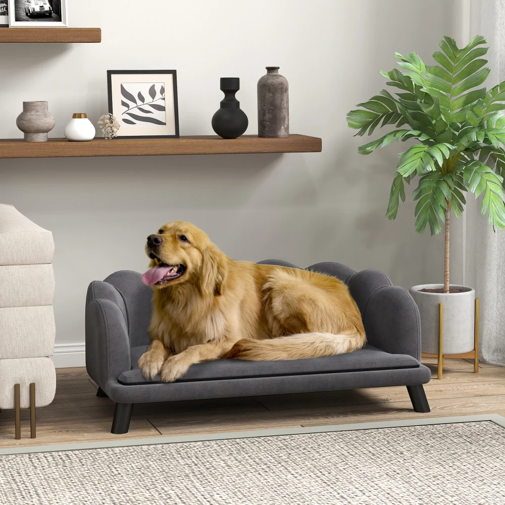 Luxus-Hundesofa Rückenlehne Holzbeine Dunkelgrau 98,5x60,5x35,5cm
