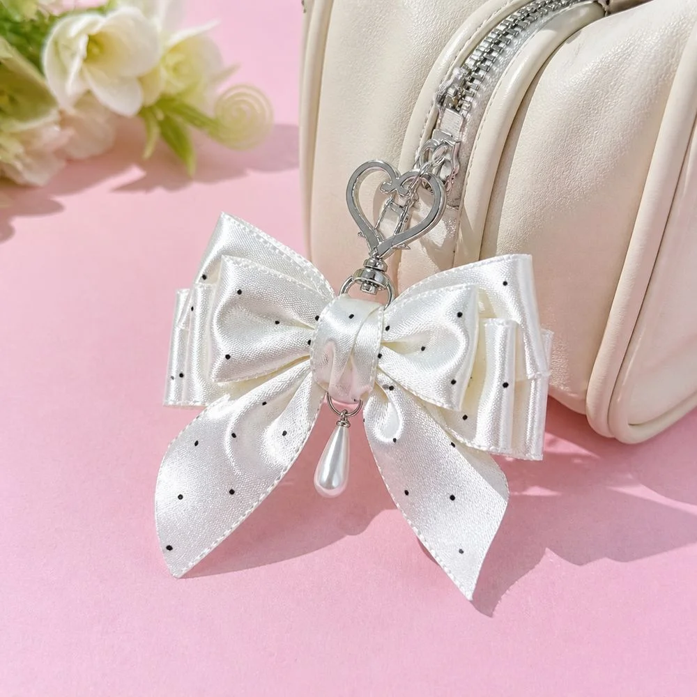 Polka Dot Pattern Polka Dot Bow Keychain Pearl-Style Charm Satin Finish Bag Pendant Sweet Lolita Style Bow Bag Charm