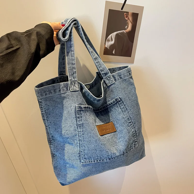 1Pcs Solid Color Denim Shoulder Bag Large Capacity Tote Bag fashion Commuter Work Bucket Bag