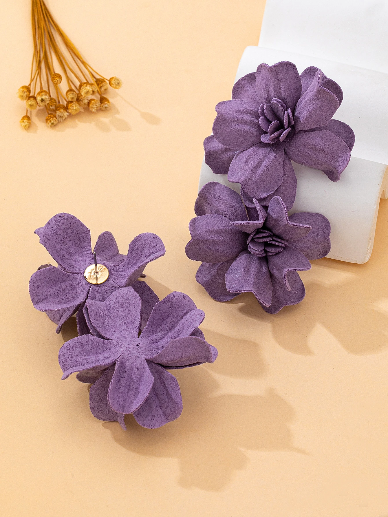Double-Layer Matte Fabric Purple Flower Dangle Earrings for Women, Three-Dimensional Petal Floral Earrings, Elegant Wedding Holiday Banquet Statement Earrings