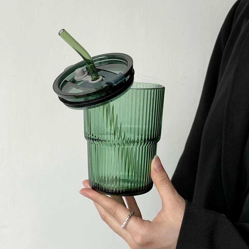 Green Retro Striped Straw Glass Portable Water Cup Juice Cup Coffee Cup Large Capacity Cup With Lid And Straw Office Home Tools