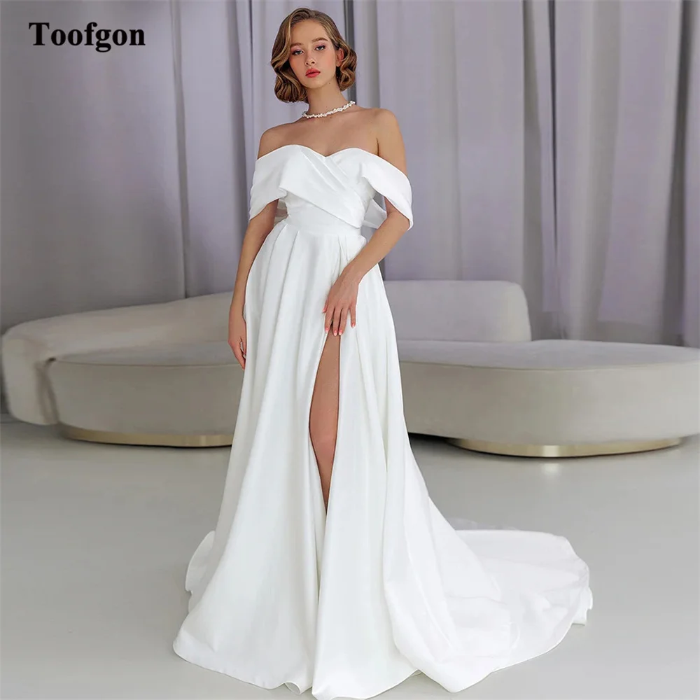 

Toofan A Line Мягкие атласные свадебные платья невесты с разрезом по ноге Вечерние свадебные платья с корсетом сзади Женское платье для фотосессии по индивидуальному заказу