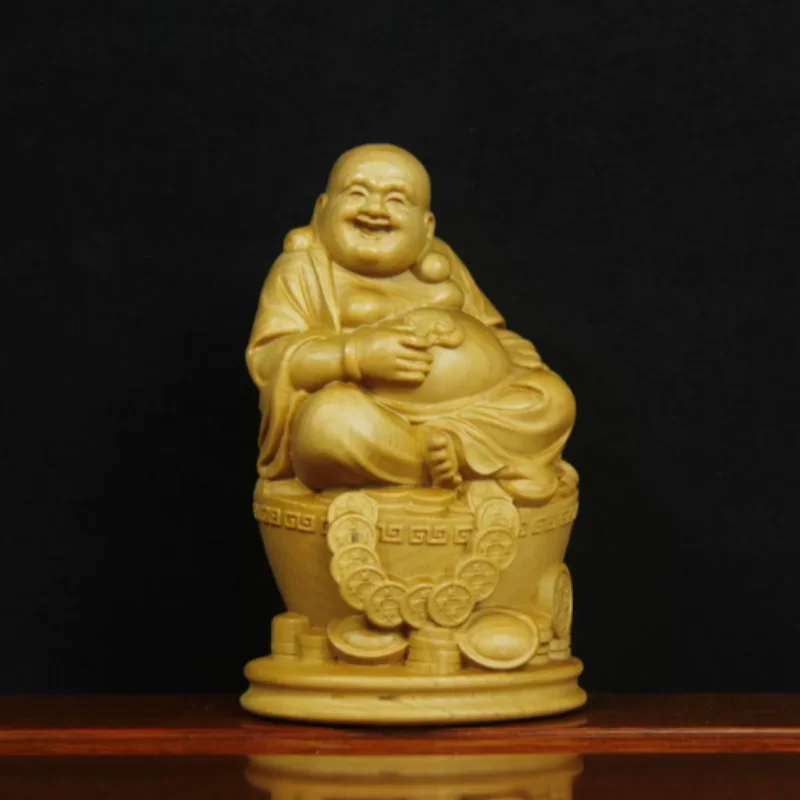 

Cliff cypress wood carving gold ingot Maitreya Buddha ornament home office attract wealth feng shui auspicious decor handicraft