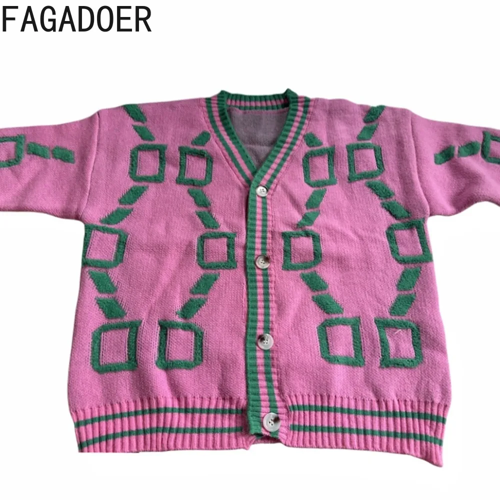 FAGADOER Autumn New Y2k Sweaters Cardigan Print V-neck Single Breasted Knit Coat Sweet Fashion Women\'s Sweaters Clothing Winter