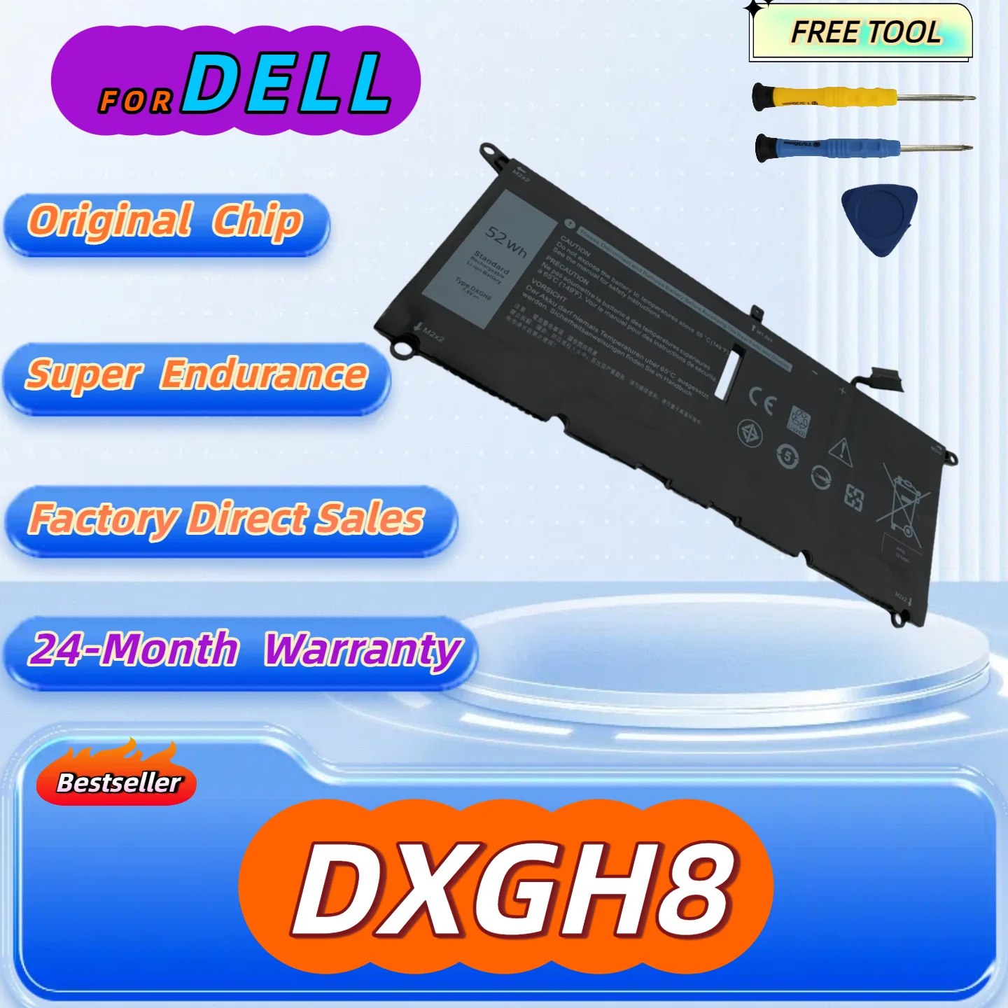 

DXGH8 Laptop Battery For DELL XPS 13 9380 9370 7390 For DELL Inspiron 7390 2-in-1 7490 G8VCF H754V Free Tool + 24M Warranty