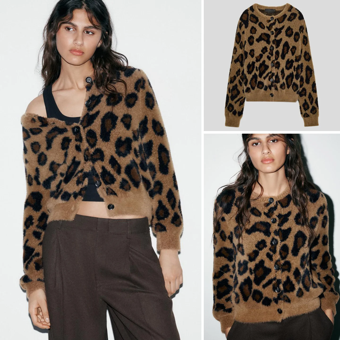 

Весенний новый женский вязаный кардиган с длинными рукавами, круглым вырезом, леопардовым принтом, однобортный, на пуговицах, из полиэфирного волокна