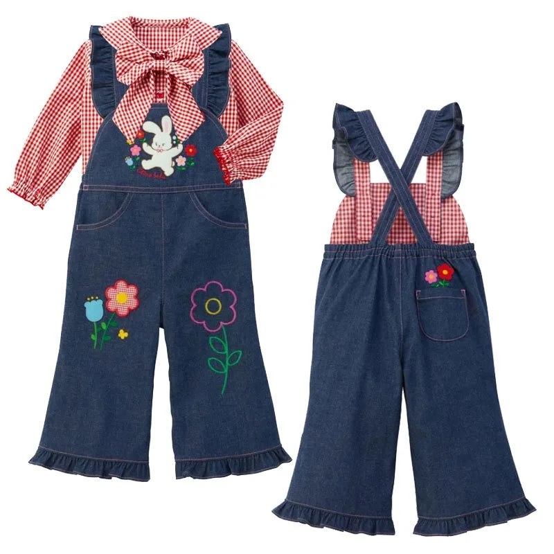 

Японские комбинезоны для девочек, детские джинсы, повседневные штаны, джинсовые штаны с милым кроликом, одежда для малышей, брюки для девочек, джинсовый комбинезон, брюки