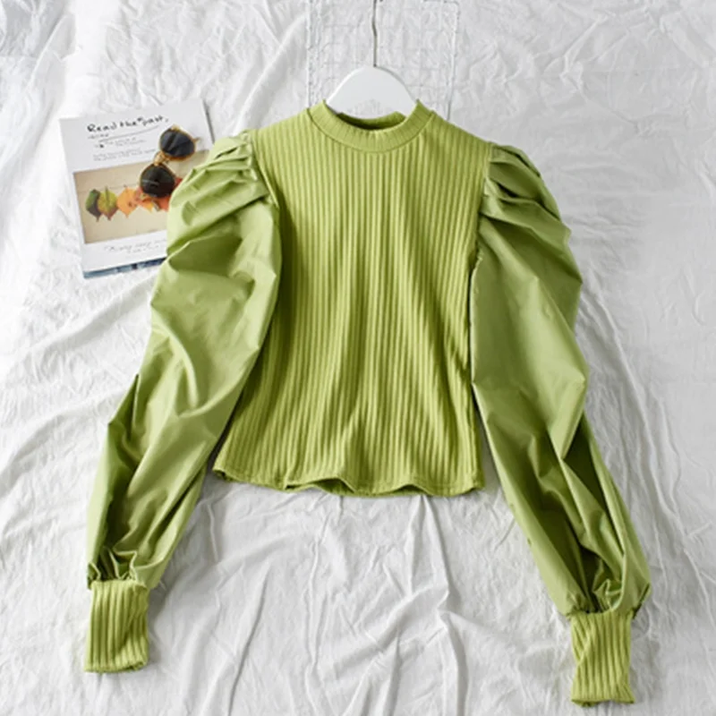 Neploe Korean O Neck Puff Long Sleeve Design Blouse Women Patchwork Knitted Slim Fit Short Blusas Autumn Spring 2024 New Shirt