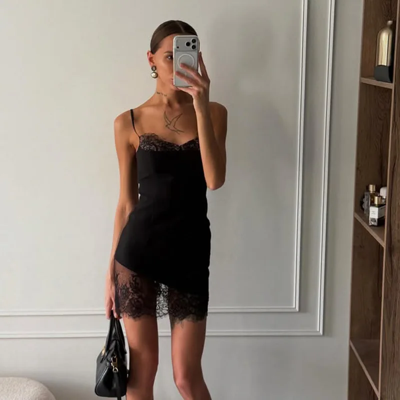 

2026 Summer Solid Color Spaghetti Strap Lace Trim Bodycon Mini Dress For Women Sexy Slim Fit Wrap Hem Short Dress