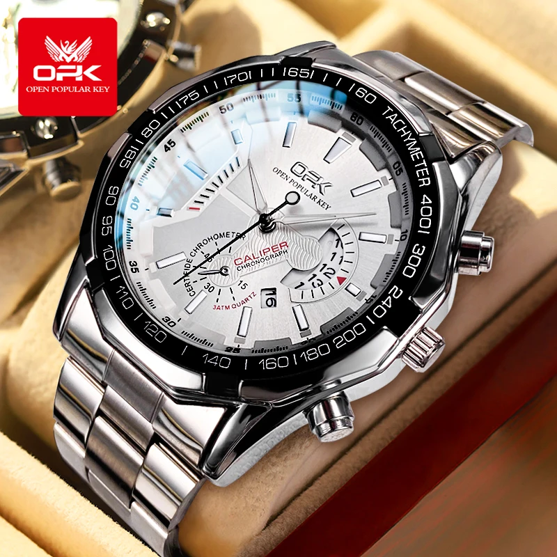 OPK 8108 Men's Calendar Week Quartz Watch with Waterproof and Personalized Steel Strip Waterproof Luminous Week Date Sport Watch