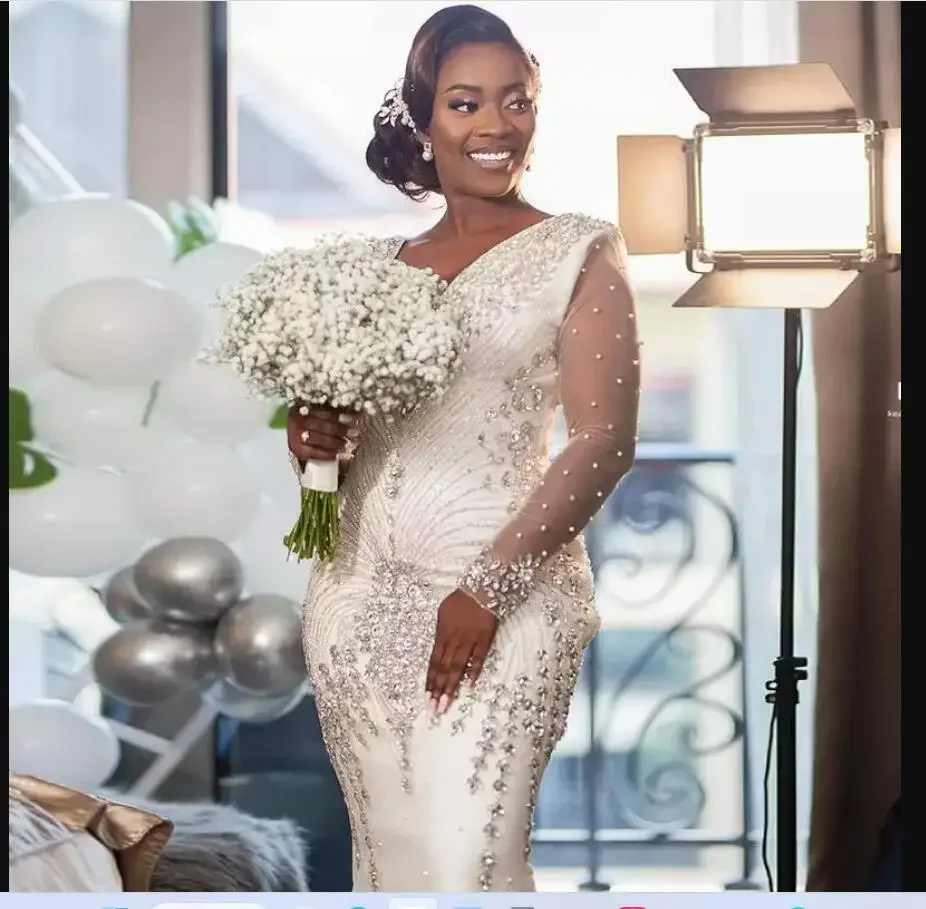 Vestidos De novia africanos personalizados con cuentas y cristales, cuello en V, ilusión hasta el suelo, mangas largas, bata De matrimonio Aso Ebi De lujo