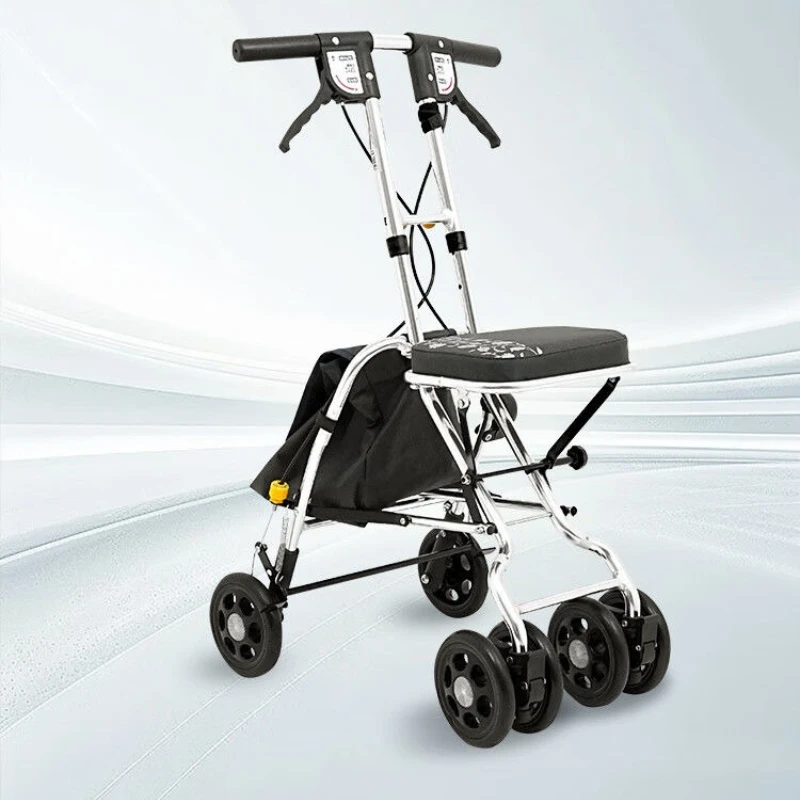 

Folding Rollator Walkers with Wheel,Pull Rod Type Brake Design Light-Weight Elderly Shopping Cart Walker Walking Stick with Seat