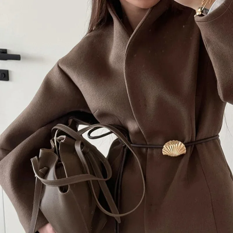 Giacca da strada da donna quotidiana per pendolarismo autunnale Cappotto di lana solido da donna chic Elegante cravatta in vita a maniche lunghe Abito ampio alla moda