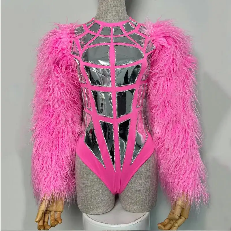 Women Festival Outfit Christmas Fur Sleeves Mirrors Bodysuit Sexy Gogo Dance Costume Nightclub Dj Ds Stage Performance Wear 7690