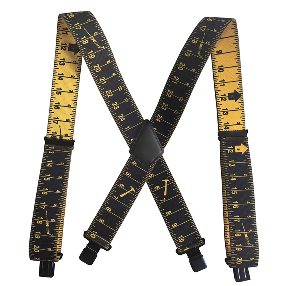 Heavy Duty Suspenders for Men Work Tape Measure Pattern 5cm X-back 4 Strong Clips Ruler Suspenders Trouser Braces Strap Belt