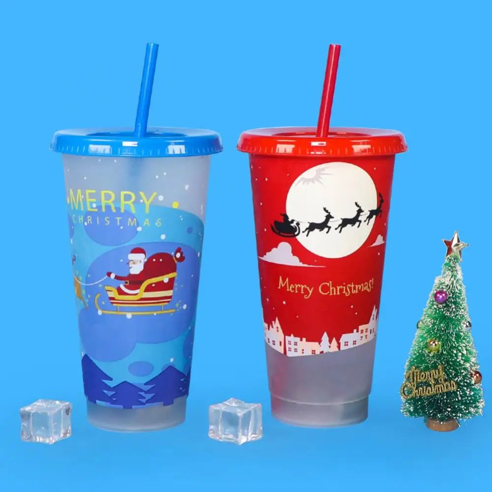 710ml Reusable Straws Cup With Lid Drinking Water Bottles Cold Water Color Changing Cup Plastic Coffee Mugs Tumbler Christmas
