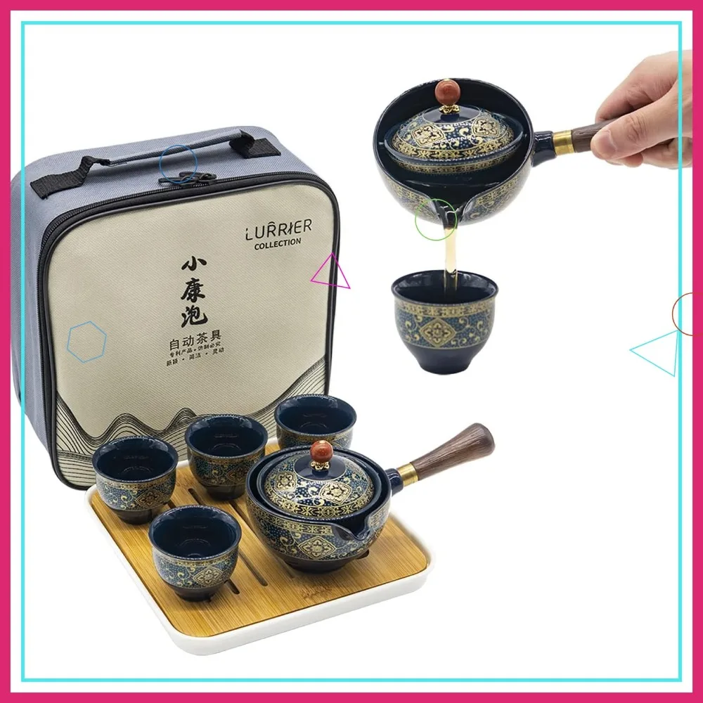 

Портативный китайский чайный сервиз Gongfu с вращающимся заварочным устройством, универсальная дорожная сумка для дома, офиса и подарков цветочного синего цвета