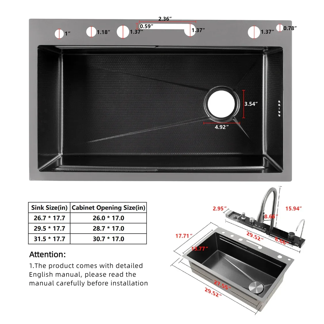 Pia de cozinha inteligente em aço inoxidável 304, Cachoeira Kinnls, Exibição em tempo real da temperatura da água, Torneira Pull-down