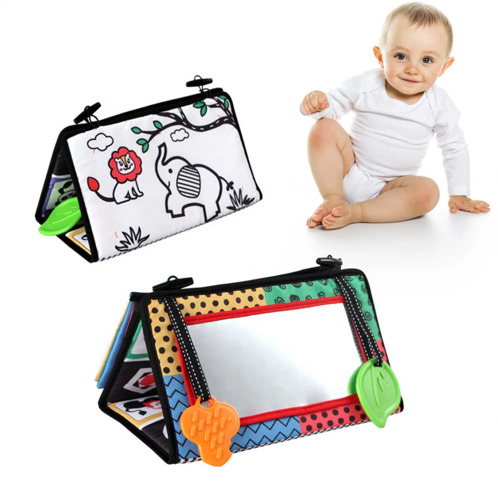 Baby Tummy Time Toys Soft Crib Bed Cloth Book High Contrast Black & White Infant Sensory Toys with Floor Mirror & Teethers