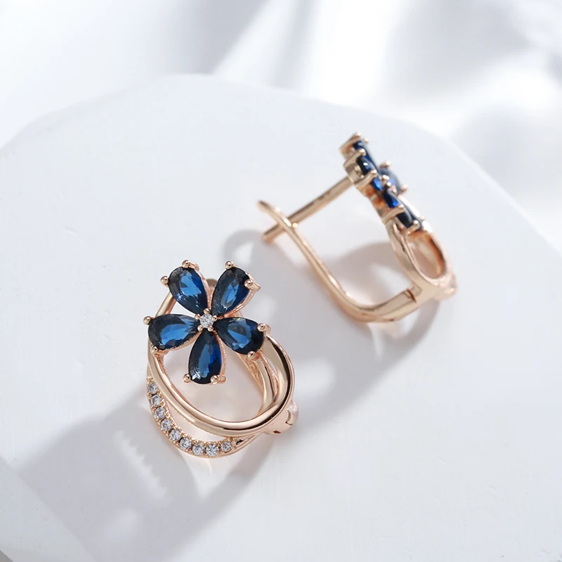 Kinel Trend Blue Natural Zircon Stud Earrings for Women 585 Rose Gold Color Flower Earrings Quality Daily Fine Vintage Jewelry