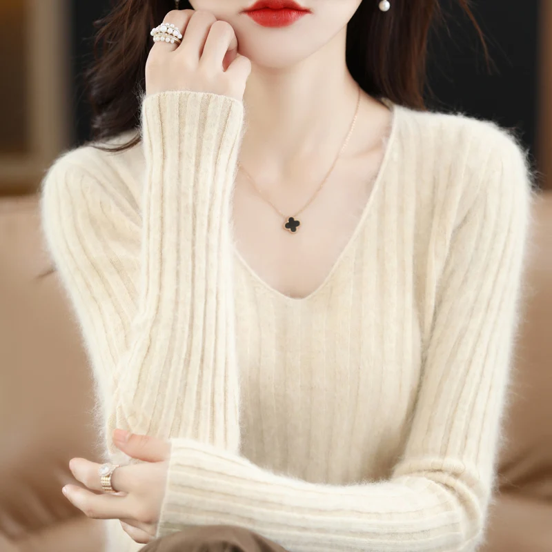 V-Neck Pure Mink Cashmere Sweater Women's Long Sleeve Top Autumn and Winter Warm Loose Knit Pullover Solid Color Slim Base