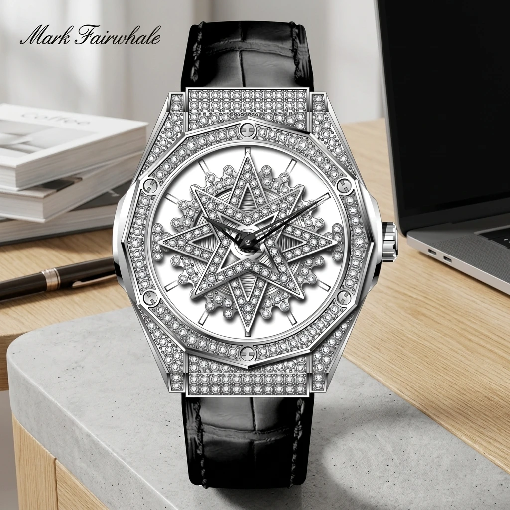 Mark Fairwhale Sport Mens Quartz Watch Octagonal Case Star Paved Dial Sparkling Crystal Beze Leather Strap Male Wrist Watch